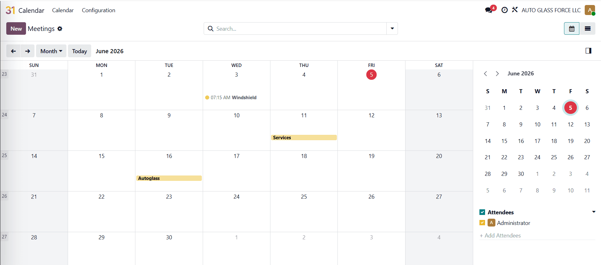 Auto Glass Force Odoo scheduling calendar
